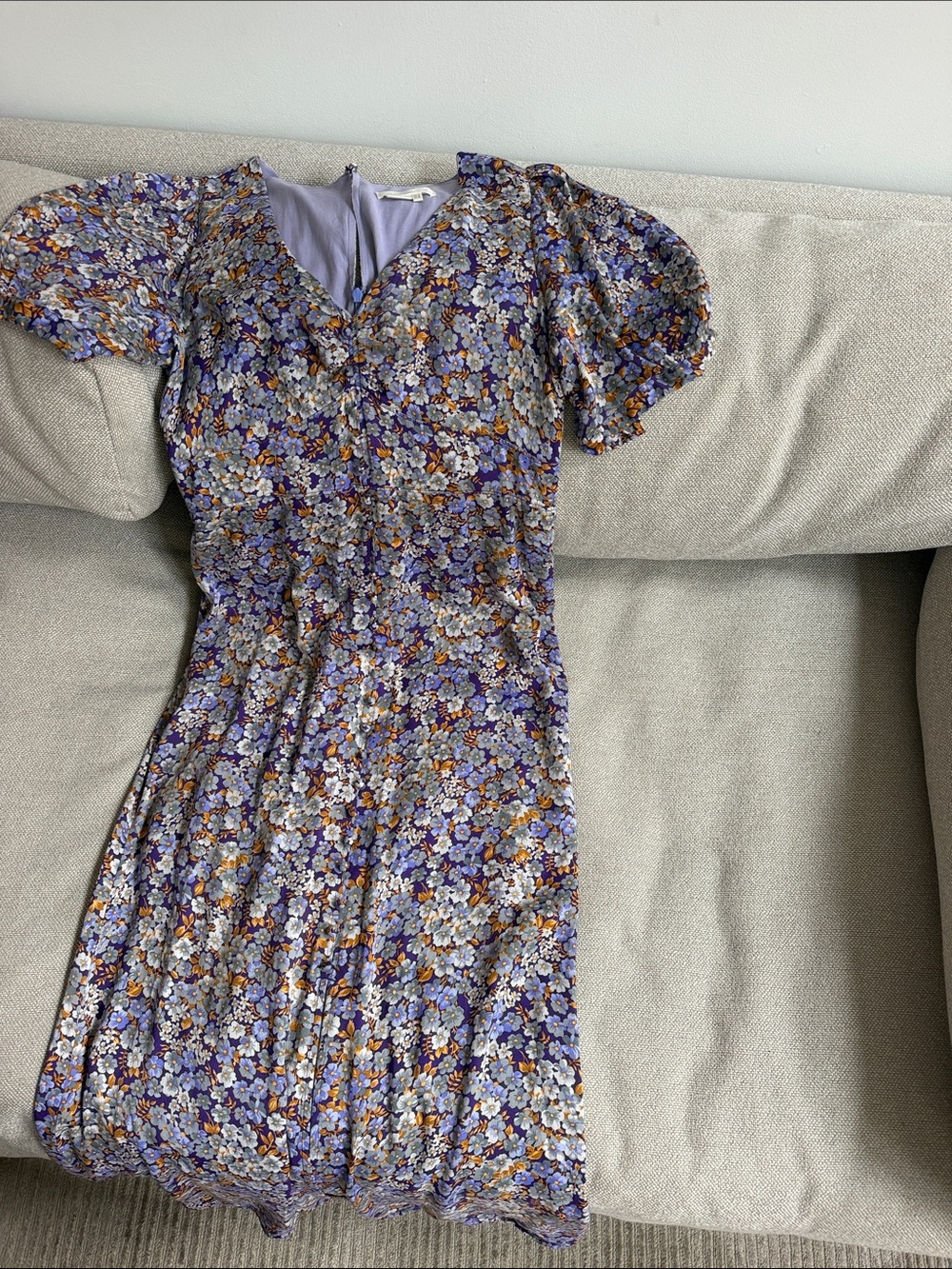 Floral V-Neck Puff Sleeve Midi Dress — Lavender Multi